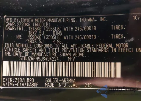 2018 Toyota Highlander Xle from USA, damaged, VIN 5TDJZRFH9JS494224